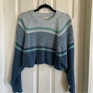 Aeropostale Women's Blocked Stripe Cropped Crew Sweater in blue and green size L